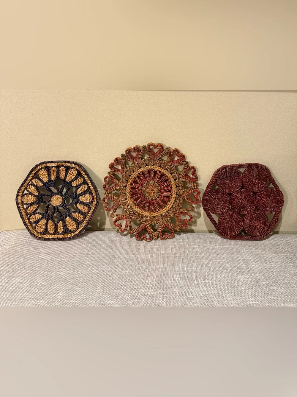 Vintage Woven Boho Table Trivets & Wall Hangings Set of 3 Coasters Farmhouse